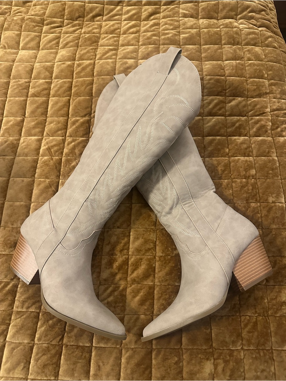 Pink Lily Western Cowboy Boots Size 7.5 Taupe Embroidered Knee High NWOT - Picture 2 of 12